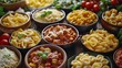 Pasta, Assortment of Italian pasta dishes, including spaghetti Bolognese, penne with chicken, tortellini, ravioli and others, shot from the top on a black background