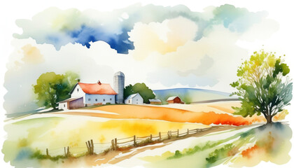 Wall Mural - Idyllic watercolor countryside scene with barn and silo, encapsulating the essence of rural life and harvest season, ideal for Thanksgiving promotions