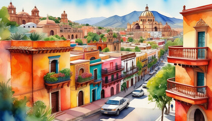 Poster - Colorful Mexican street scene with traditional architecture and cars, ideal for Cinco de Mayo celebrations or travel tourism advertising