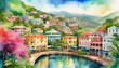 Colorful illustration of a tropical resort town with terraced hillside villas and a serene waterfront, ideal for travel and vacation-themed promotions or summer holidays
