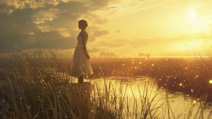 Wall Mural - Serene sunset view with woman standing by a tranquil lake