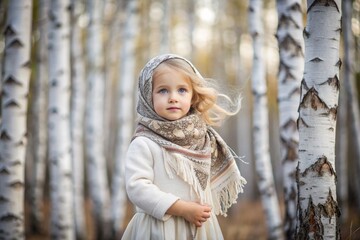 Wall Mural - Russian folk traditions. Russian flavor. A cute little girl in a national Russian dress and headscarf in a beautiful birch grove. Portrait of a beautiful girl in a birch forest.