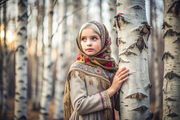 Wall Mural - Russian folk traditions. Russian flavor. A cute little girl in a national Russian dress and headscarf in a beautiful birch grove. Portrait of a beautiful girl in a birch forest.