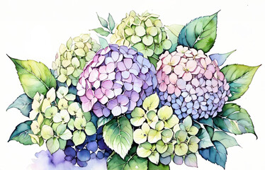 Wall Mural - Watercolor illustration of vibrant hydrangea flowers in full bloom, ideal for spring-themed designs, gardening content, and Mother's Day creative projects