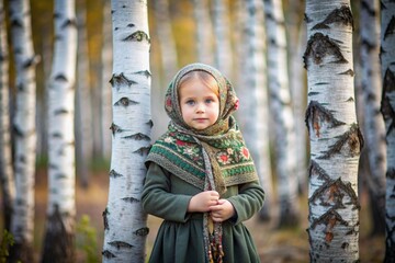 Wall Mural - Russian folk traditions. Russian flavor. A cute little girl in a national Russian dress and headscarf in a beautiful birch grove. Portrait of a beautiful girl in a birch forest.