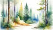Serene watercolor forest landscape with diverse trees and misty ambiance, ideal for Earth Day promotions or tranquil nature-themed creative projects