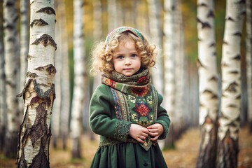 Wall Mural - Russian folk traditions. Russian flavor. A cute little girl in a national Russian dress and headscarf in a beautiful birch grove. Portrait of a beautiful girl in a birch forest.