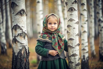 Wall Mural - Russian folk traditions. Russian flavor. A cute little girl in a national Russian dress and headscarf in a beautiful birch grove. Portrait of a beautiful girl in a birch forest.