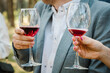 Couple drinking wine in park. Beautiful girl and man holding glass of wine at backyard party. Tasting red wine. People hand holds glass of champagne close in garden. Friends and summer concept.