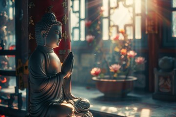 Wall Mural - A statue of a Buddha with a hand raised in a prayer pose