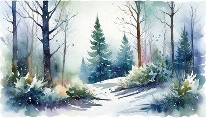 Sticker - Watercolor winter landscape with snow-covered trees, ideal for Christmas and New Year designs or tranquil natural scenes, depicting a serene seasonal change