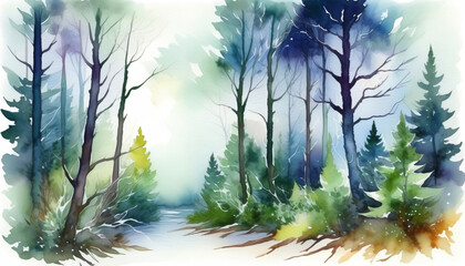 Wall Mural - Watercolor winter forest scene with diverse trees and soft light, ideal for Christmas and New Year themes or tranquil nature backgrounds