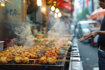 Wall Mural - A man is cooking food on a grill with a lot of smoke