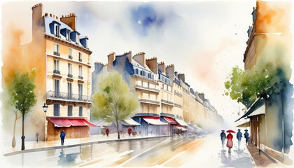 Sticker - Watercolor illustration of a vibrant Parisian street scene with pedestrians and vintage architecture, ideal for travel themes and European holidays