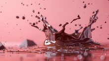 A Chocolate Splash Caught Between Motion And Stillness, Beautifully Detailed Against A Pastel Coral Background. 