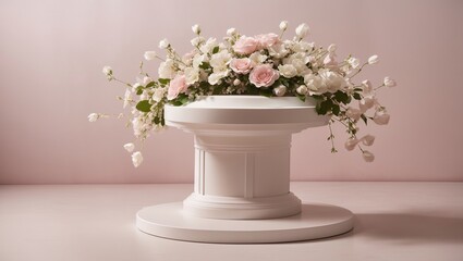Wall Mural - A photo of a pink and white flower bouquet in a white vase, sitting on a pink table against a pink background.