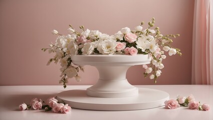 Wall Mural - A photo of a pink and white flower bouquet in a white vase, sitting on a pink table against a pink background.
