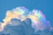 Cumulus clouds dramatically infused with vibrant, iridescent colors against a blue sky background, depicting a surreal skyscape