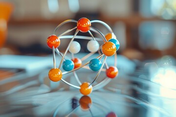 Aufkleber - This vibrant and detailed image depicts a model of an atom with colorful spheres, conceptualizing modern scientific theories and advancements