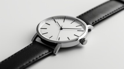 A watch with a black band and a white face