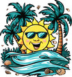 Summer vacation scene on the tropical smile sun and palm trees cartoon vector illustration, Ai Generated Image.