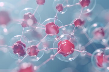 Aufkleber - This image features a network of interconnected molecules in a pink and red palette, representing complex biological or chemical systems