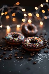 Wall Mural - donuts with chocolate frosting and sprinkles on top and coffee beans on a black surface