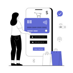 Wall Mural - Wireless transaction concept. Woman makes purchases using NFC phone contactless payment. Internet banking. Vector illustration with line people for web design.