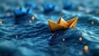 © rika - Solitary golden origami boat leading a fleet of blue ones on a wavy, digital ocean grid