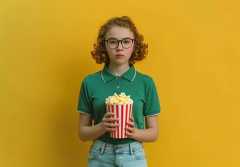 Wall Mural - a girl holding a bucket of popcorn