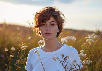 Wall Mural - a woman standing in a field of flowers