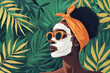 Illustration of an African American woman with a white moisturizing facial mask on standing against a background of tropical leaves. Women's self-care beauty