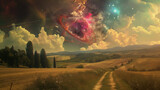 Fototapeta  - A surreal composition blending a cosmic nebula with a serene countryside scene. Ai generated
