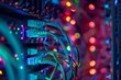 Close-up view inside a server rack, a tangle of colorful cables and blinking lights, focus on a single hard drive