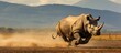 Rhino running on dusty terrain with distant mountains