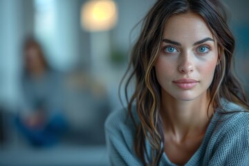 Young woman with beautiful brown eyes and relaxed expression in a home environment