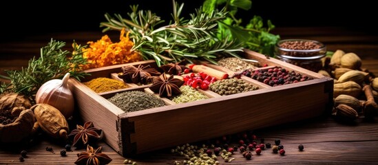 Poster - Wooden box filled with assorted spices and herbs