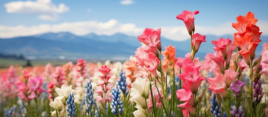 Wall Mural - Colorful flowers dot a field with distant mountains