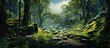 A serene forest scene with green moss covering rocks and tall trees