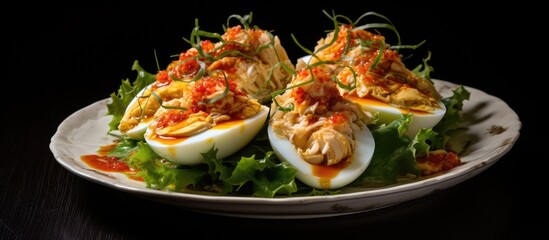 Poster - Three deviled eggs on plate with lettuce and tomato