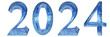 Concept or conceptual 2024 year made of  blue ice font isolated on white background. An abstract 3D illustration as a  metaphor for future, celebration, nature,  environment, ecology and climate