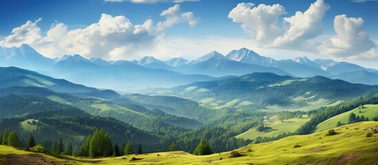 Poster - Majestic mountain range with sparse trees under a cloudy sky