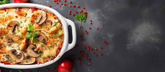 Wall Mural - Pasta with mushrooms and tomatoes on a table