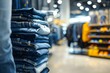 Display of Denim Jeans in a Shopping Center Store. Concept Visual Merchandising, Clothing Display, Retail Strategy, Denim Fashion, In-store Marketing