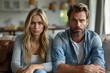 © Larisa AI - An adult couple with earnest expressions posing on their sofa, conveying a sense of seriousness