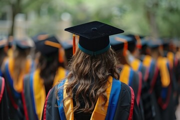 Wall Mural - Close-up of a graduate in black cap from behind, surrounded by fellow students in graduation attire