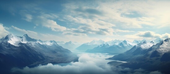 Wall Mural - Clouds hover over a serene lake by majestic mountains