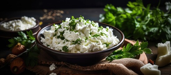 Wall Mural - Bowl of fresh cottage cheese and parsley on table