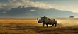 Rhino dashes grassy terrain, distant peak looming