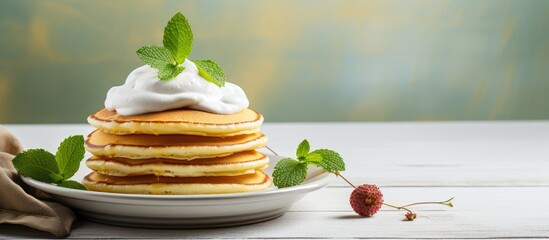 Sticker - Plate of pancakes topped with whipped cream and a fresh strawberry